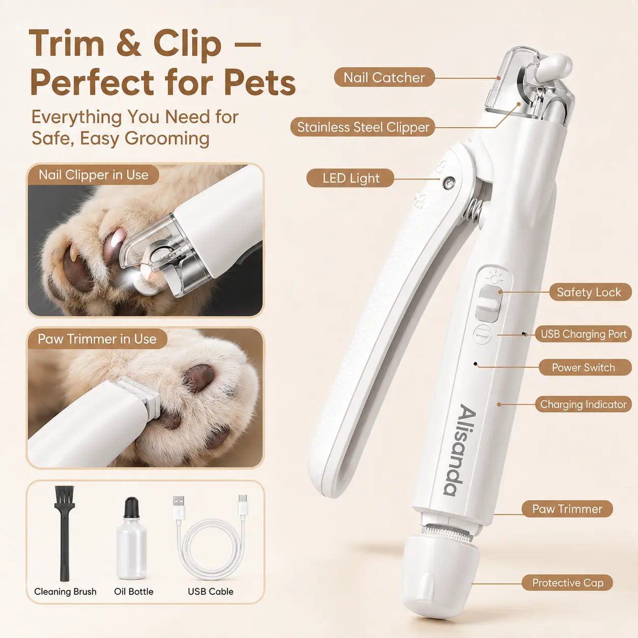 Alisanda 2-in-1 Dog Nail Clipper & Paw Hair Trimmer Kit with LED Light – Rechargeable Low-Noise Pet Grooming Tool for Dogs & Cats - Image 2
