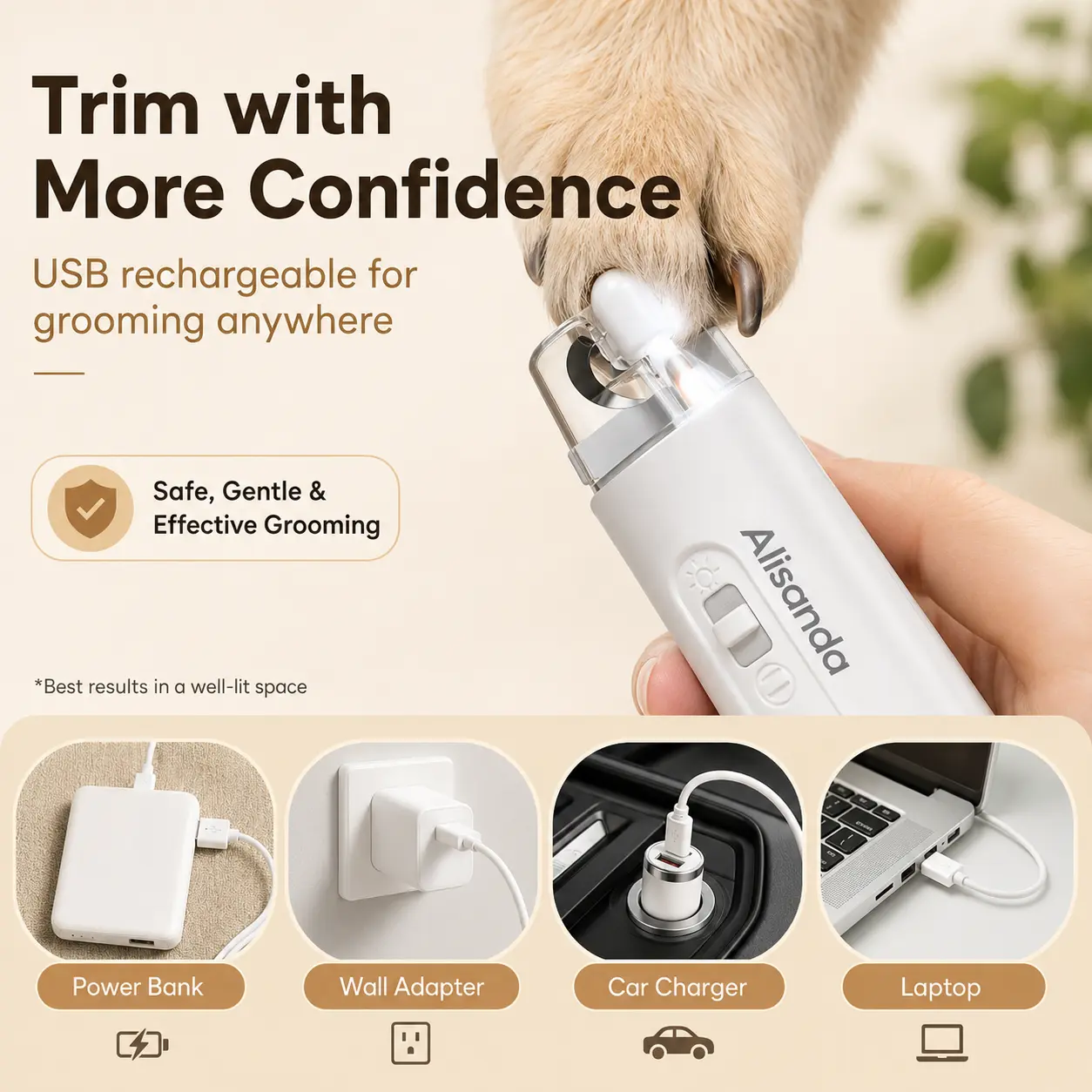 Alisanda 2-in-1 Dog Nail Clipper & Paw Hair Trimmer Kit with LED Light – Rechargeable Low-Noise Pet Grooming Tool for Dogs & Cats - Image 5